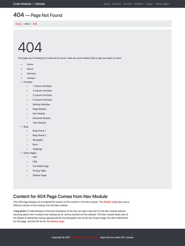Screenshot of 404 Page from the Sample Website.